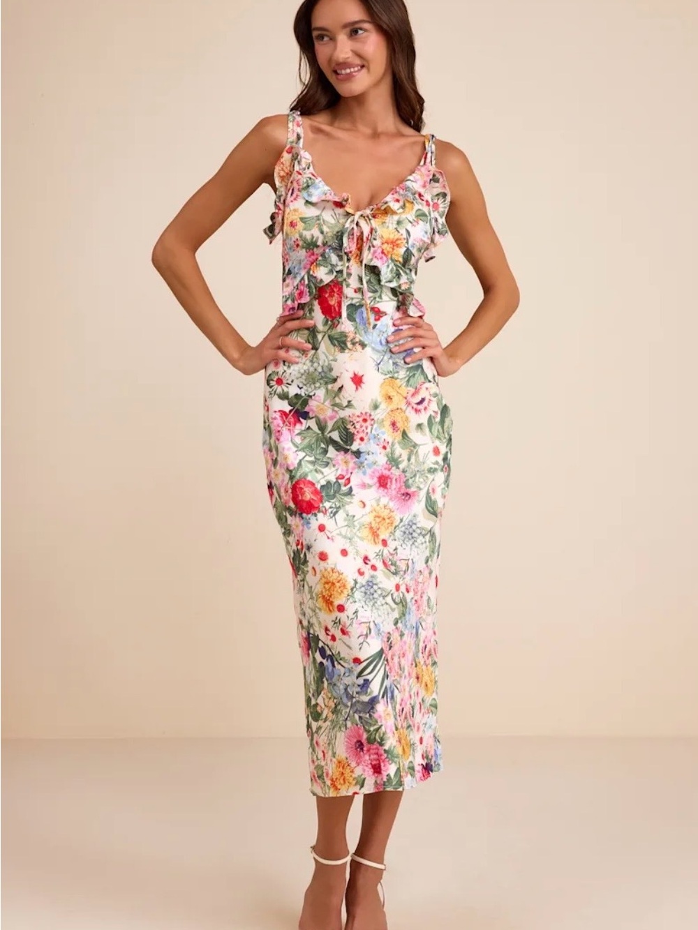 Lulu's White Floral Ruffle Tie-Front Midi Dress